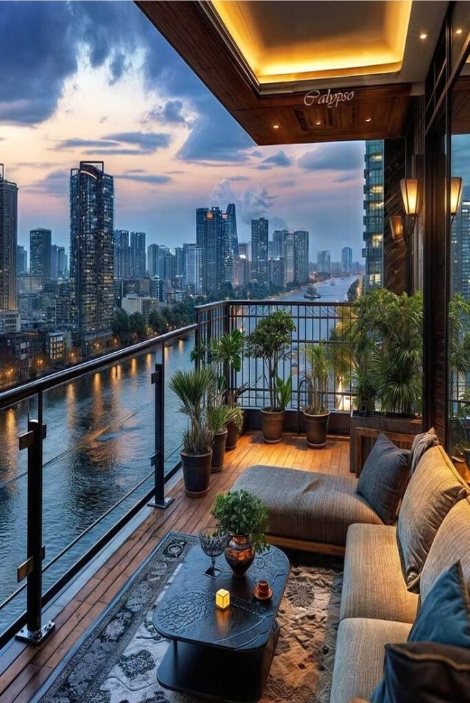 Luxurious balcony overlooking a river and city skyline at sunset, featuring cozy seating and lush plants.