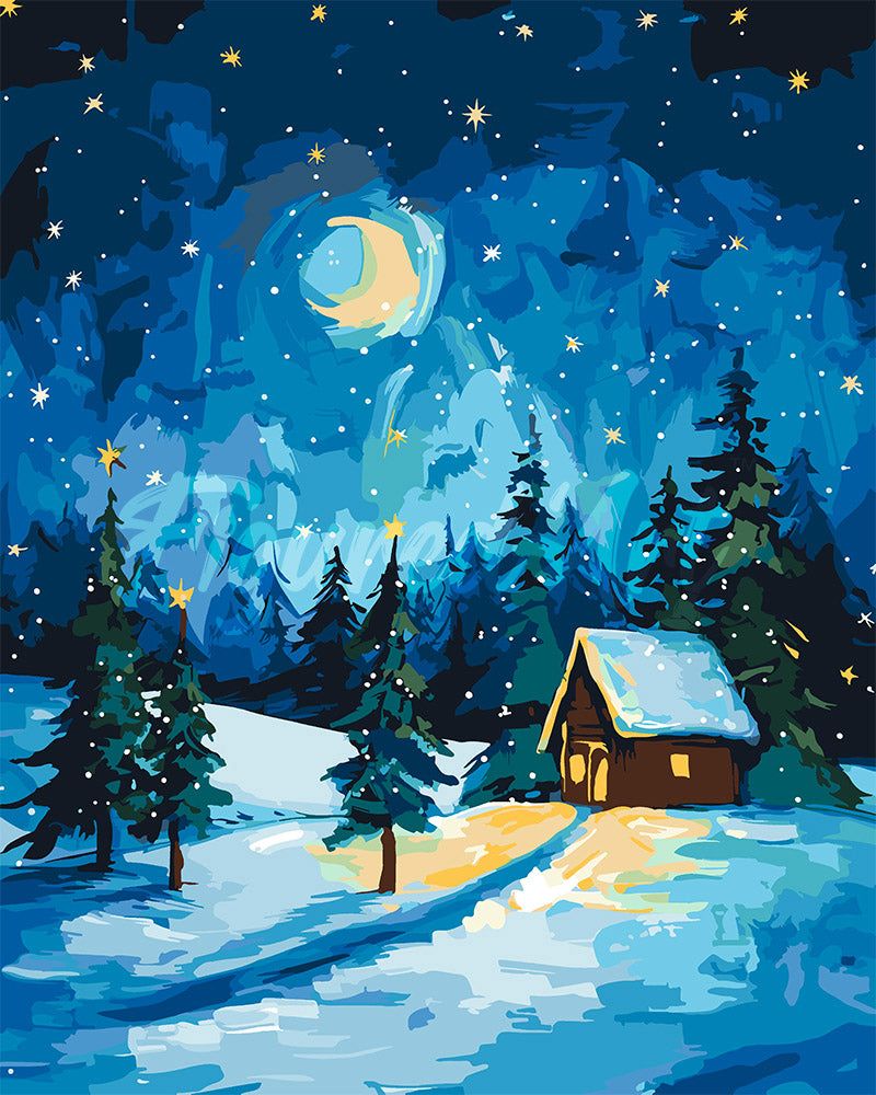 Cozy snow-covered cabin in a starry night forest, moonlit sky, and pine trees. Winter holiday scene illustration.