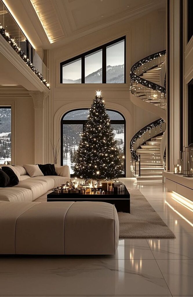 Luxurious living room with grand Christmas tree, elegant spiral staircase, and mountain view through large windows.