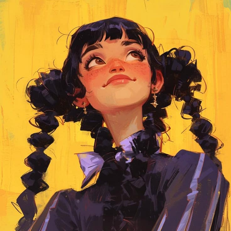 37db6cd7-82f6-499d-bac5-1bf77ac3d32f Illustration of a girl with braided hair looking up against a yellow background. | Sky Rye Design Illustration of a girl with braided hair looking up against a yellow background.