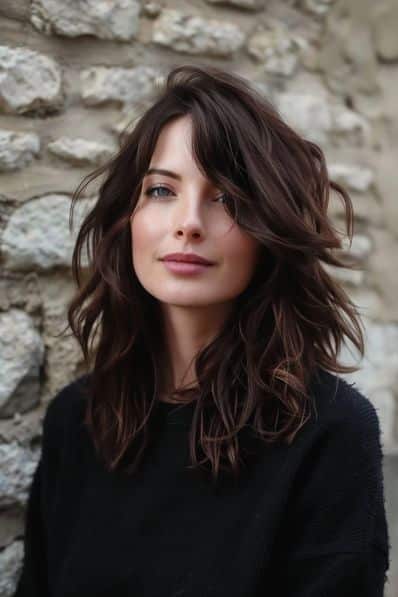 Portrait of a person with wavy brown hair and a black sweater standing against a stone wall, smiling softly.