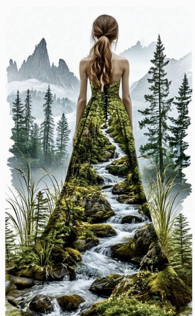 Woman in nature-themed gown blending with a mountainous, forested landscape.