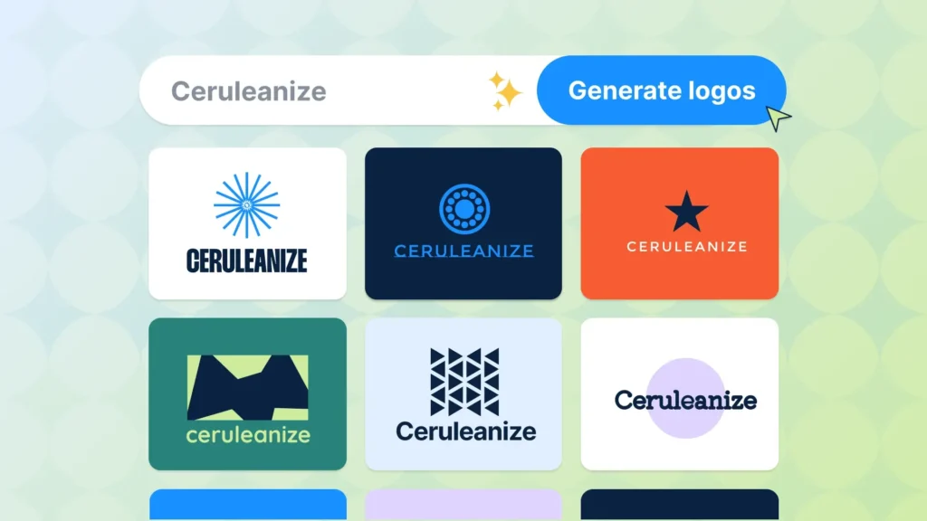 Logo designs for 'Ceruleanize' displayed with a button to generate more logos. Various modern styles shown.