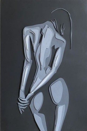 Abstract black and white art depicting a stylized human figure with intricate shading and contours.