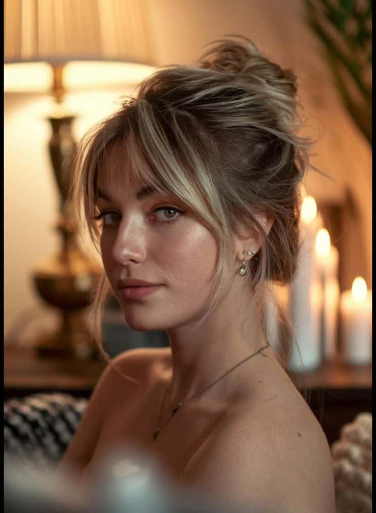 A person with an elegant updo and pearl earrings in ambient lighting, soft background of a lamp and candles.