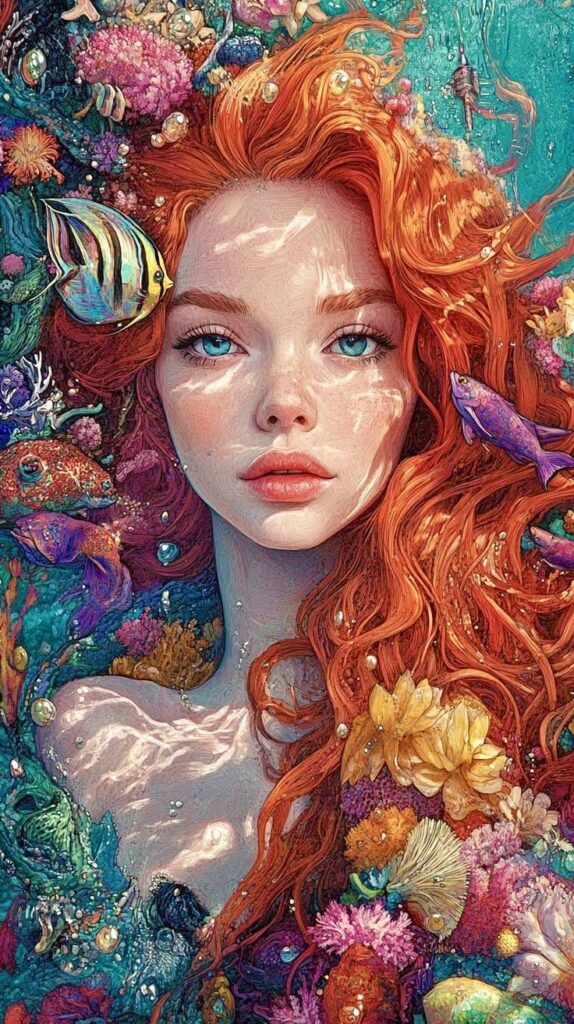 Colorful underwater scene with a red-haired mermaid surrounded by vibrant fish and coral formations.
