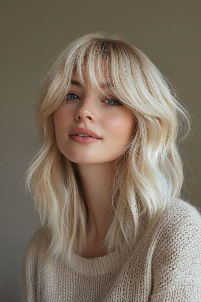 3986bda8-c857-4022-b86f-0c69a86b7531 Blonde woman with wavy hair and bangs wearing a cozy beige sweater, gazing softly at the camera. | Sky Rye Design Blonde woman with wavy hair and bangs wearing a cozy beige sweater, gazing softly at the camera.