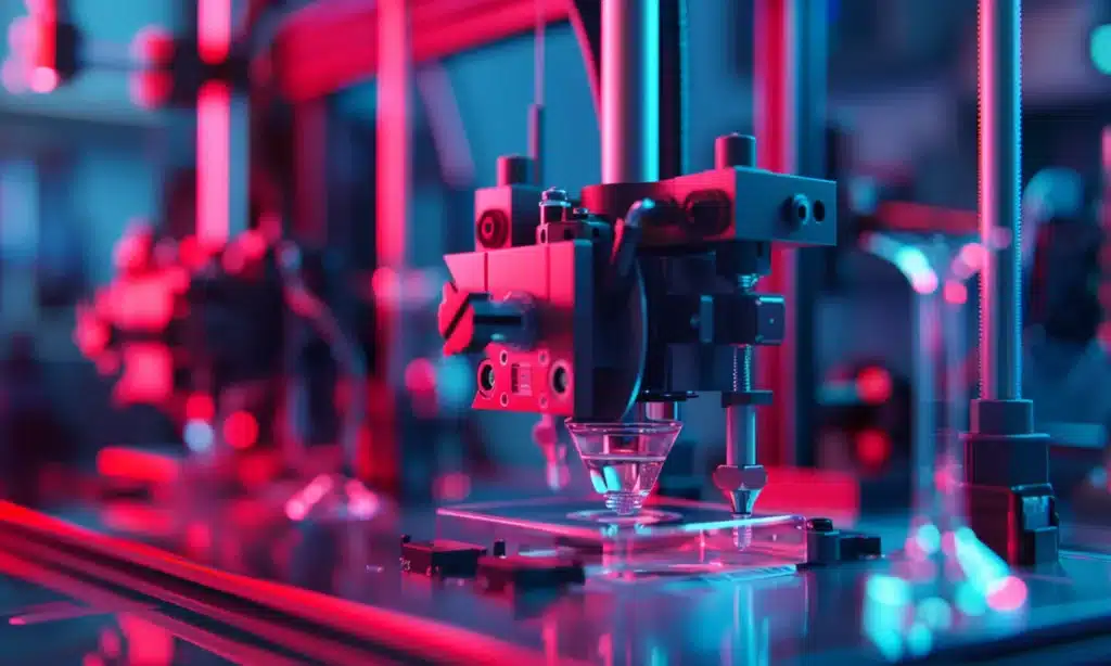 3D-Printing-With-Microscopic-Par Futuristic 3D printer in action with vibrant blue and red lighting in a high-tech lab setting. | Sky Rye Design Futuristic 3D printer in action with vibrant blue and red lighting in a high-tech lab setting.