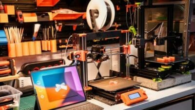 3D printers on a workbench with a tablet for prototyping projects in a creative workshop setting.