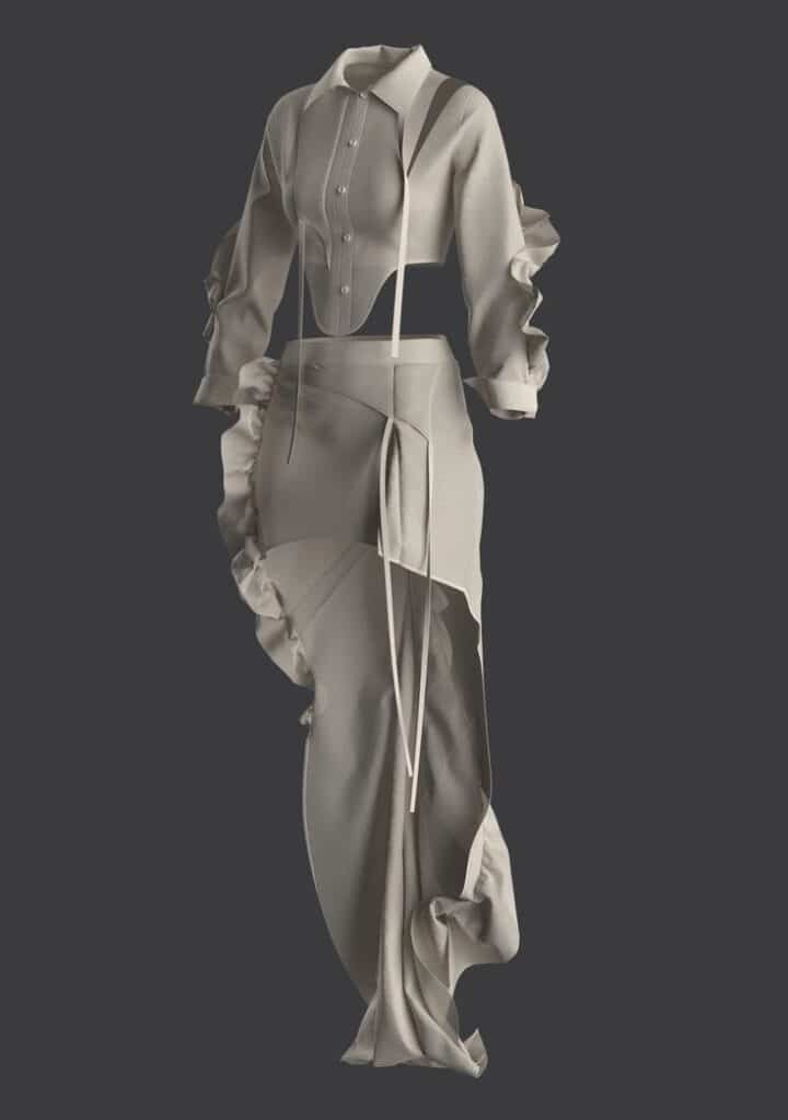 3D white outfit Gray tailored fashion dress with ruffled sleeves and asymmetric skirt, set against a dark background. | Sky Rye Design Gray tailored fashion dress with ruffled sleeves and asymmetric skirt, set against a dark background.