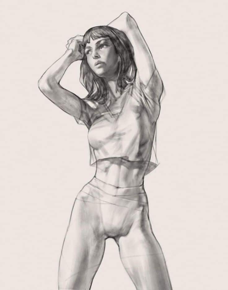 Pencil sketch of a woman posing confidently, hands on head, wearing a casual outfit, with strong shading and detail.
