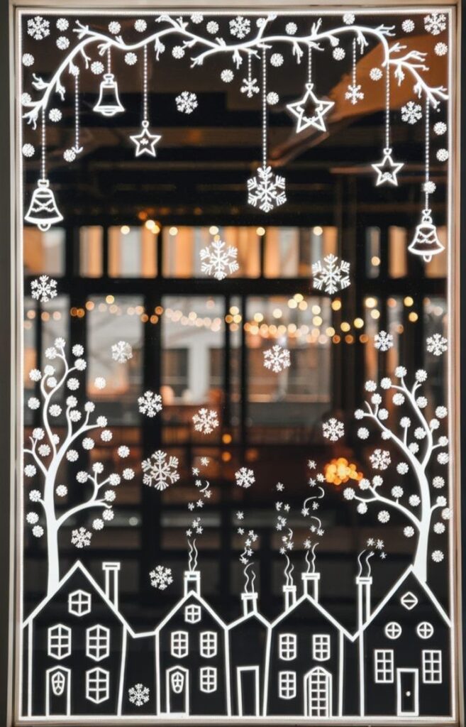 Festive window decor with snowflake ornaments, stars, and silhouettes of houses, creating a cozy winter atmosphere.