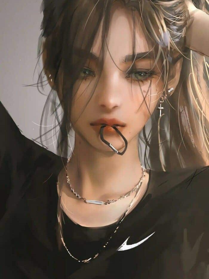 3b440260-646c-4803-b594-c4ed5b178a46 Digital artwork of a stylish woman with dark hair and chains, in a black shirt, gazing intensely with a fierce expression. | Sky Rye Design Digital artwork of a stylish woman with dark hair and chains, in a black shirt, gazing intensely with a fierce expression.