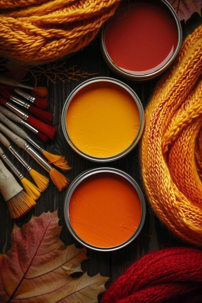 Autumn-themed paint cans and brushes with warm knitted yarns and leaves on a rustic background.