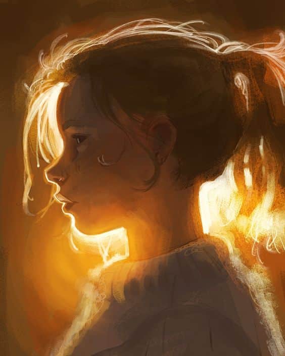 Digital art of a girl in profile with warm lighting, hair tied back, and a soft, glowing background.