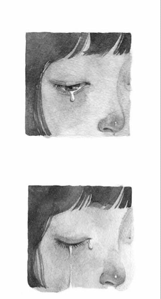 Black and white drawing of a close-up of a tearful eye, illustrating sadness and emotion.