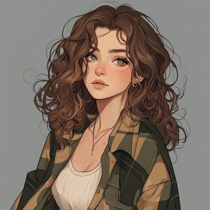 Illustrated woman with wavy brown hair and green eyes, wearing a plaid shirt over a white top.