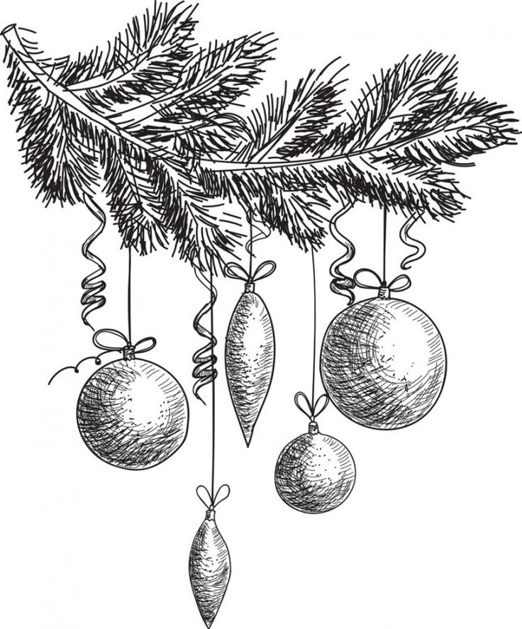 3e044c73-0d6f-4417-a015-7c565381d4de Black and white illustration of pine branch with hanging Christmas ornaments and ribbons. | Sky Rye Design Black and white illustration of pine branch with hanging Christmas ornaments and ribbons.