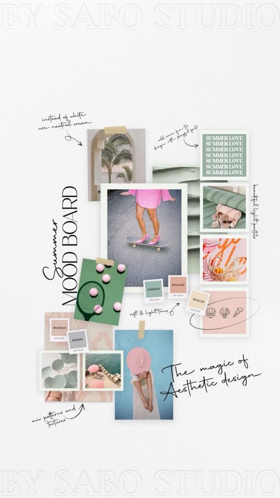 Summer mood board with pastel colors, skateboarding, palm trees, and inspirational design notes. Aesthetic vibes.