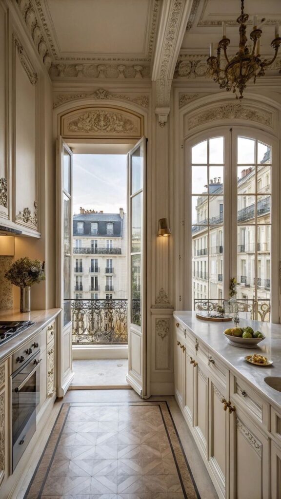 Elegant Parisian kitchen with intricate molding, large windows, and a scenic balcony view. Classic design, natural light.