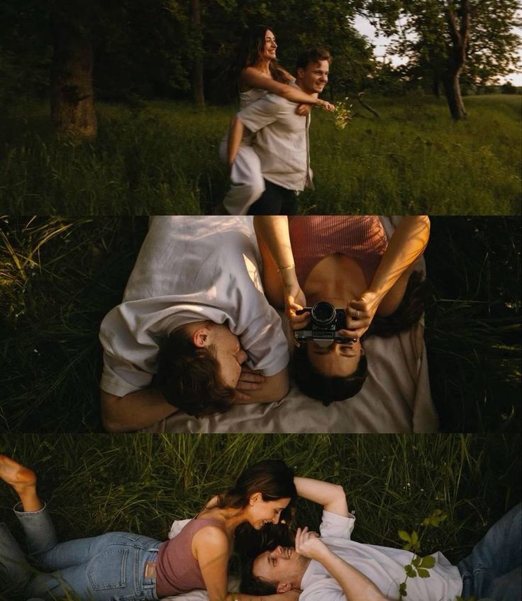 Couple enjoying a playful day in nature, piggyback riding, taking photos, and lying in grass.