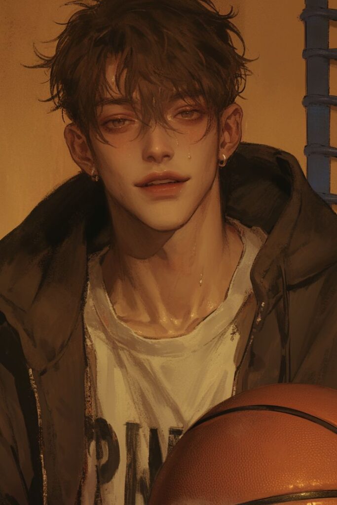 Anime-style character with tousled hair and a basketball, wearing a casual jacket and T-shirt.