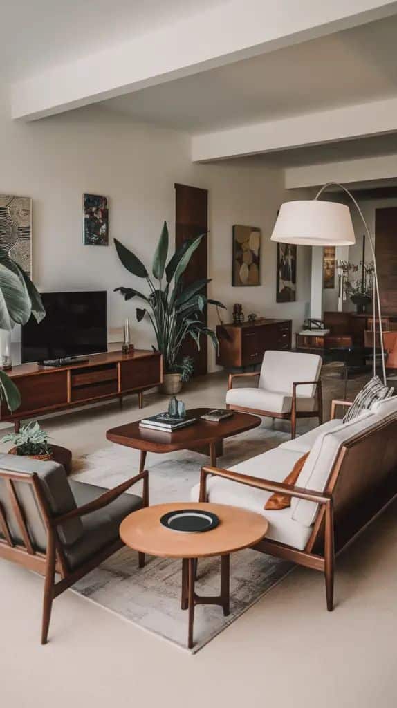 Mid-century modern living room with wooden furniture, lush plants, and elegant decor elements.