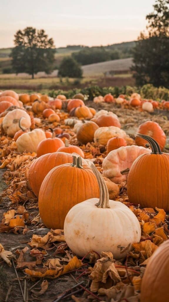 Autumn pumpkin patch with orange and white pumpkins on dried leaves, surrounded by scenic countryside.