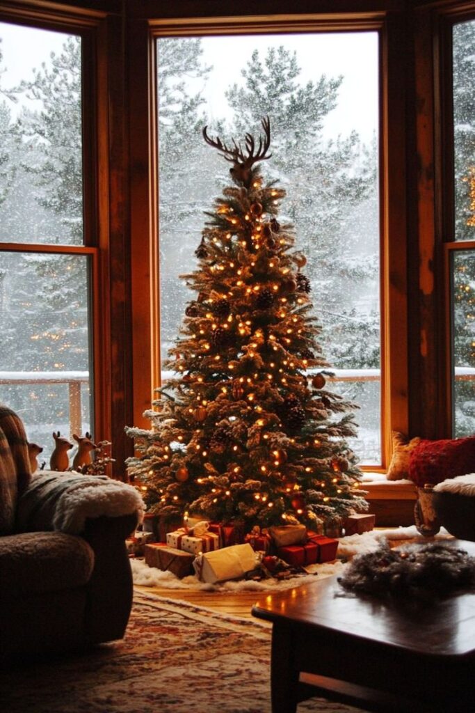 Cozy Christmas scene with a decorated tree, glowing lights, and snowy background, creating a warm holiday ambiance.