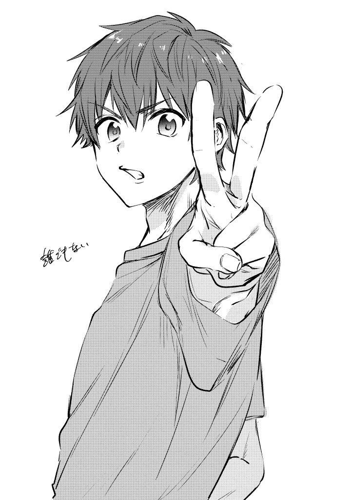 Anime character making a peace sign, detailed black and white sketch.