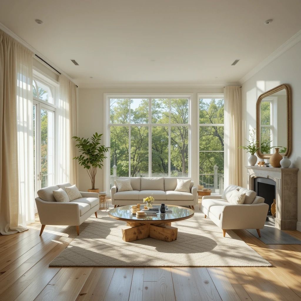 3fe1ec4c16aa14c9133e61f02354c365 Bright, airy living room with modern furniture, large windows, and lush greenery view. | Sky Rye Design Bright, airy living room with modern furniture, large windows, and lush greenery view.