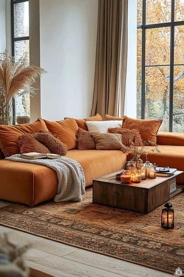 Cozy living room with orange sofa, autumn decor, candles, and large windows. Warm and inviting home design.
