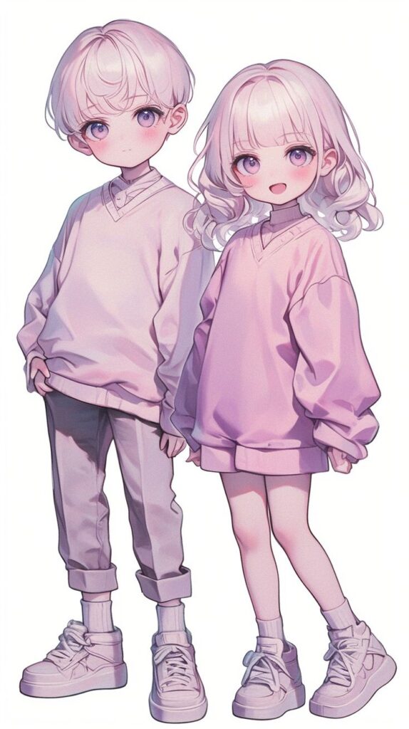 Cute anime characters with pastel outfits and short white hair, standing together and smiling warmly.