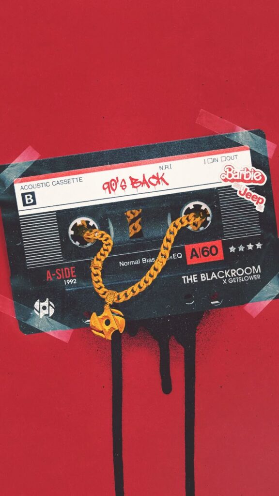 Vintage cassette on a red background with 90s Back text and a gold chain illustration for a nostalgic retro vibe.