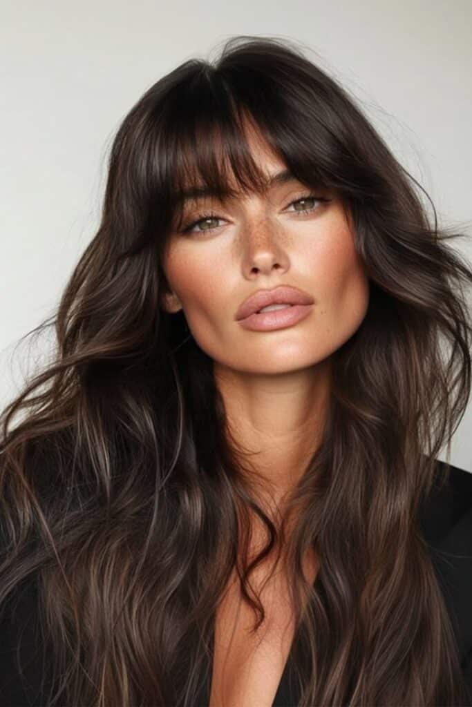Woman with long, wavy brown hair and bangs, wearing natural makeup, in a portrait style photo.