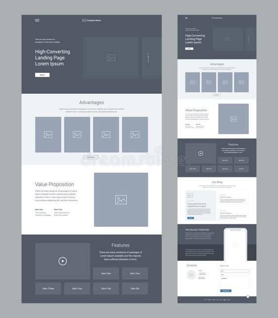 Landing page wireframe design showing layout for high-converting elements like advantages, value propositions, and features.