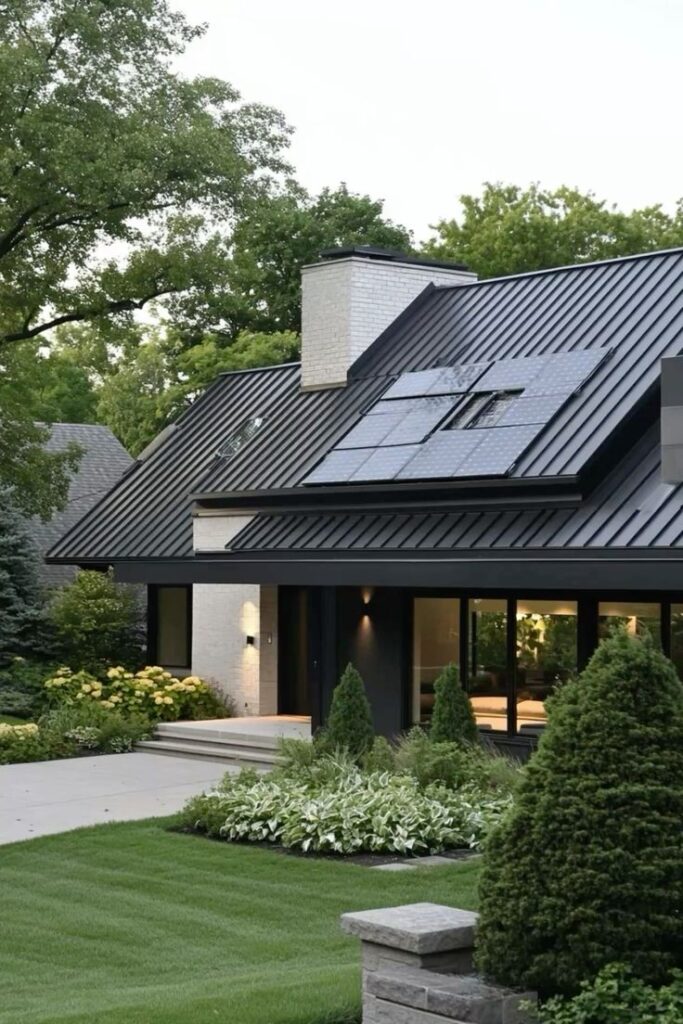 Modern house with solar panels on roof, landscaped garden, and lush greenery, optimizing eco-friendly energy use.