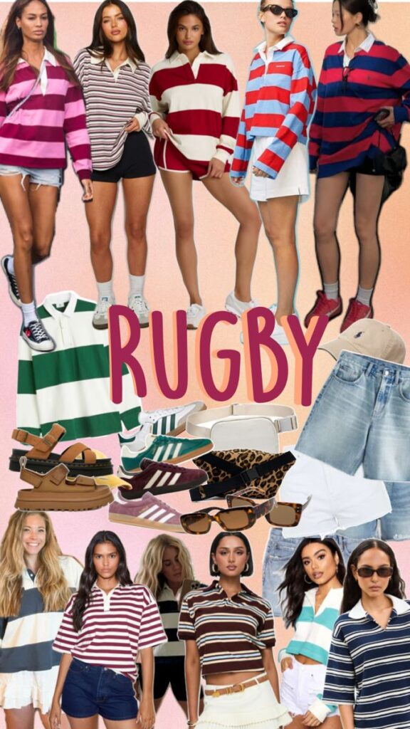 Fashionable women in striped rugby shirts, styled casual with sneakers and shorts. Trendy sporty outfits with accessories.