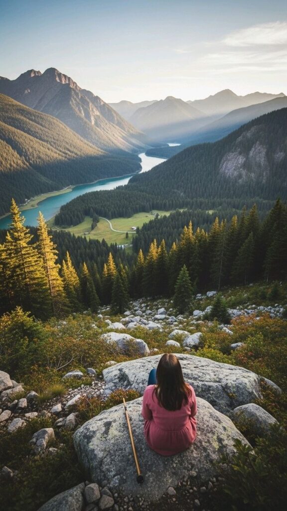 Woman sitting on a rock, overlooking a mountain valley with a river and dense forests under a clear sky.