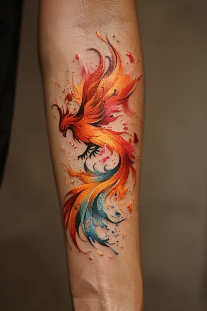 Vibrant phoenix tattoo with fiery orange and blue feathers on forearm, symbolizing rebirth and strength.