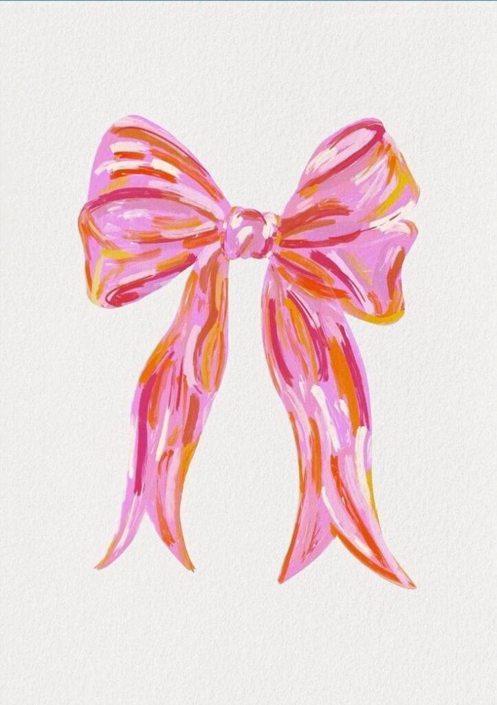 Pink artistic bow illustration with vibrant strokes on a white background.
