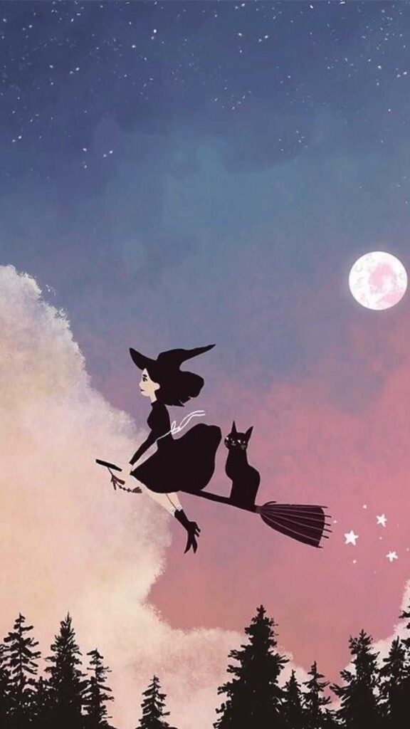 Illustration of a witch and a black cat flying on a broomstick under a starlit sky with a full moon.