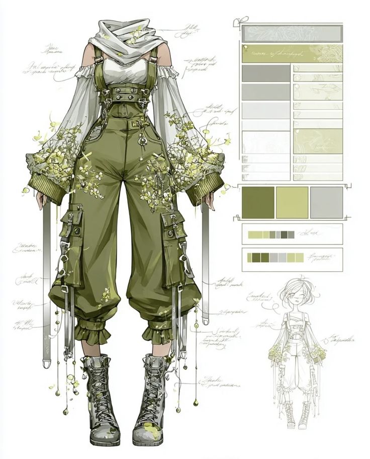Fashion illustration of a green floral cargo outfit with color palette swatches and design notes.
