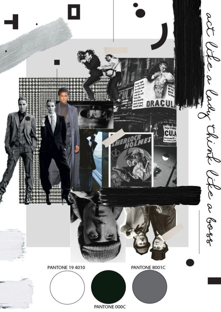 Fashion and film-inspired black and white mood board with bold typography and vintage elements.