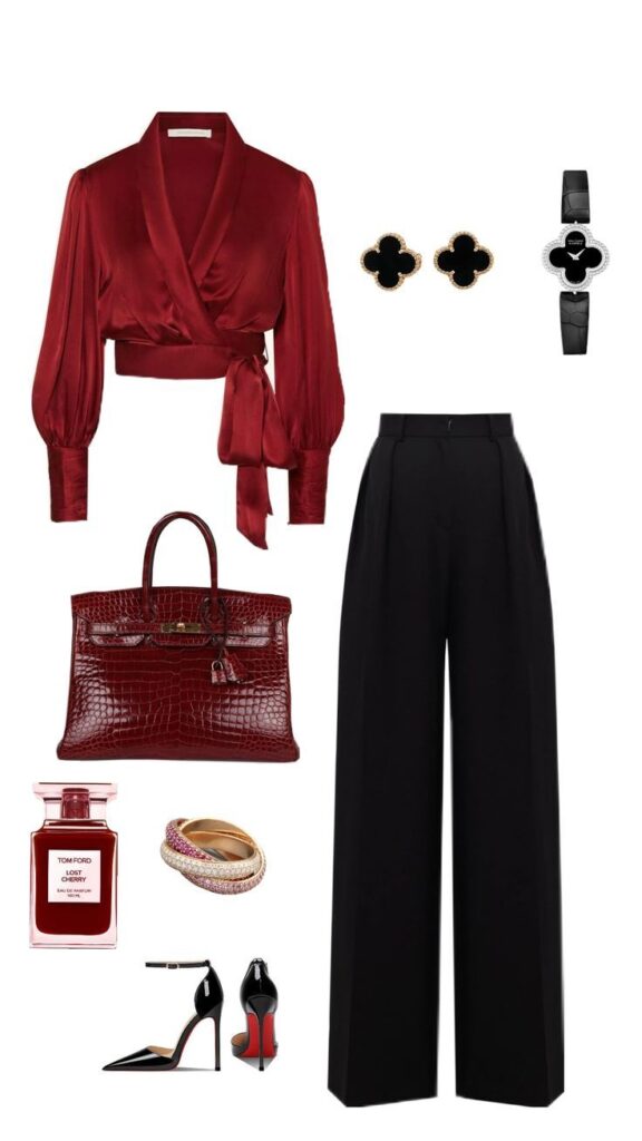 Elegant outfit with red blouse, black trousers, matching heels, accessories, and a crocodile handbag.