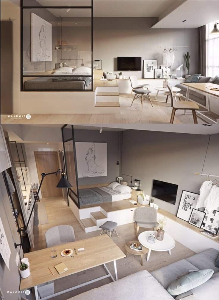 Modern studio apartment with mezzanine, cozy bedroom, and stylish living area, featuring minimalist decor and neutral tones.