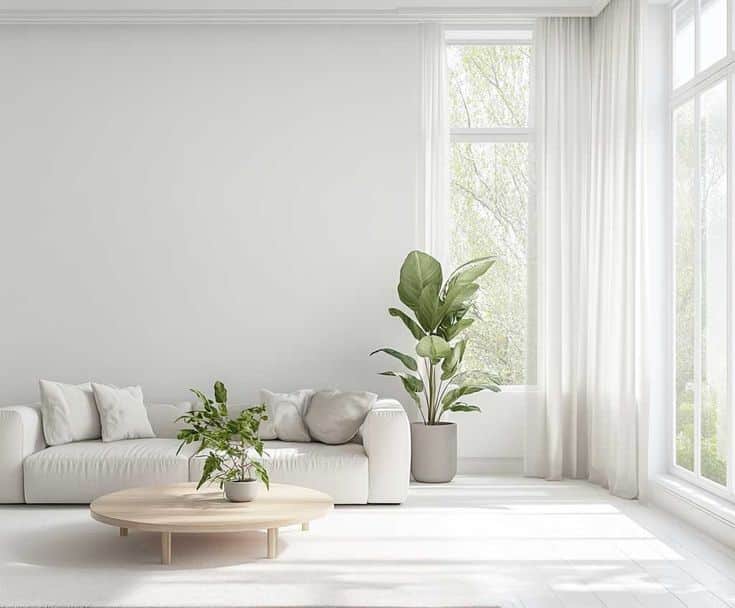 Modern minimalist living room with white sofa, green plants, large windows, and natural light.