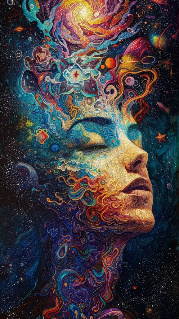 Surreal cosmic artwork depicting a woman's face blending with colorful galaxies and stars, symbolizing imagination.
