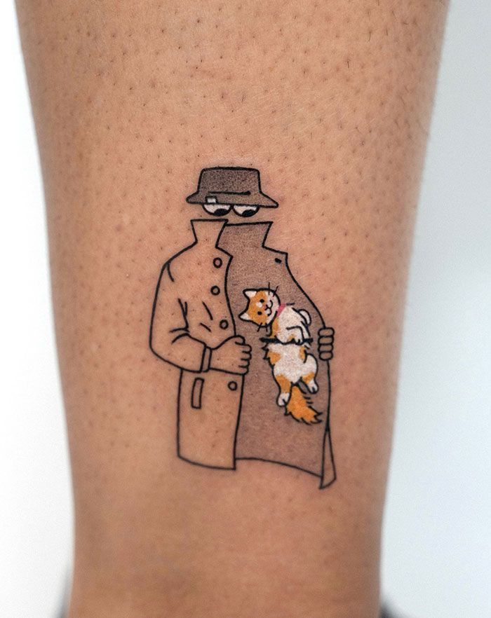 Tattoo of mysterious figure holding a cat in a trench coat, blending humor with intrigue on skin background.