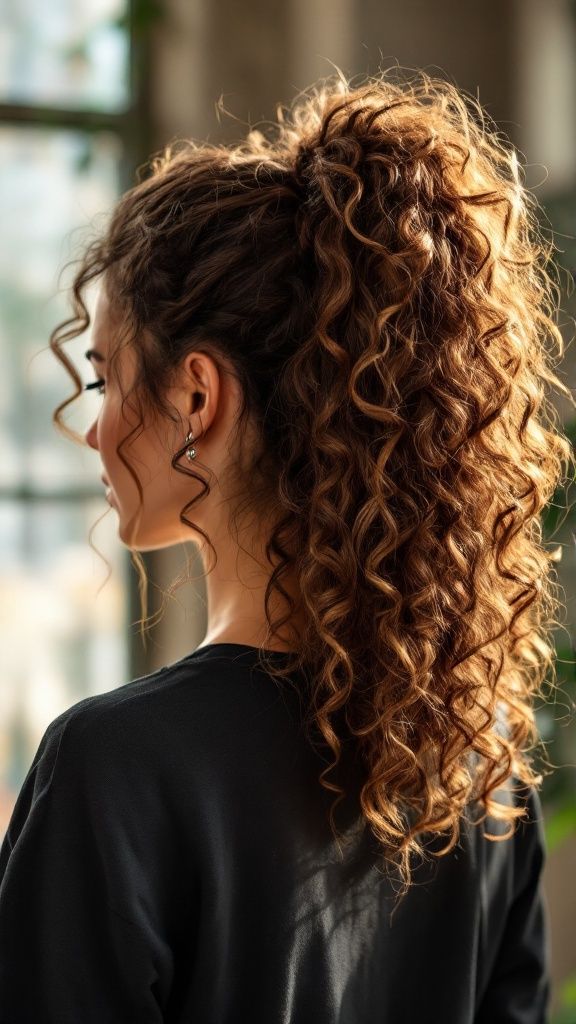 Woman with curly brown hair styled in a high ponytail, wearing a black top, indoor setting.